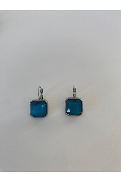 marsel aksesuar Steel Square Blue Stone Silver Earrings