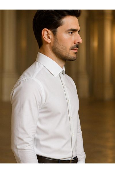 CASSIS Cămașă albă din bumbac, slim fit, din satin de bumbac