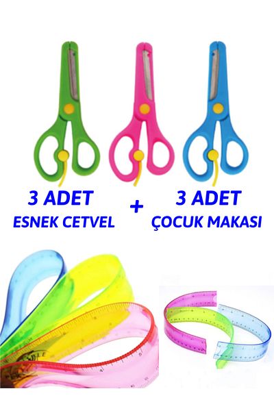 nistabolje School Set (3 Pieces of Child School Scissors with Blunt Tip Protection + 3 Pieces of Flexible Ruler)