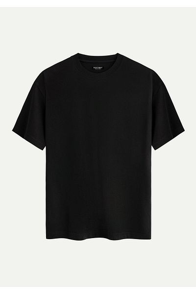 SOFTWAY Unisex Crew Neck 100% Organic Cotton Thick Textured Passion Printed Oversize T-Shirt - Black