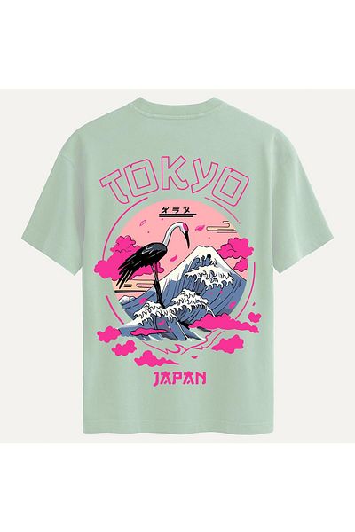 SOFTWAY Unisex Οργανικό Oversize T-shirt με Εκτύπωση Τοκίο - Μπεζ