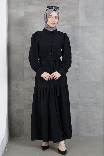 DAS KLEID Black Shirt Collar Belted Dress