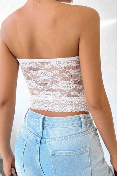 BENİMOLMALI Women's Lace Detail Crop Bustier Blouse Strapless