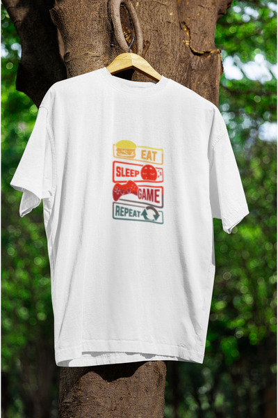 MG Eat Sleep Game Repeat Printed Unisex Crewneck Cotton Oversize Short Sleeve...