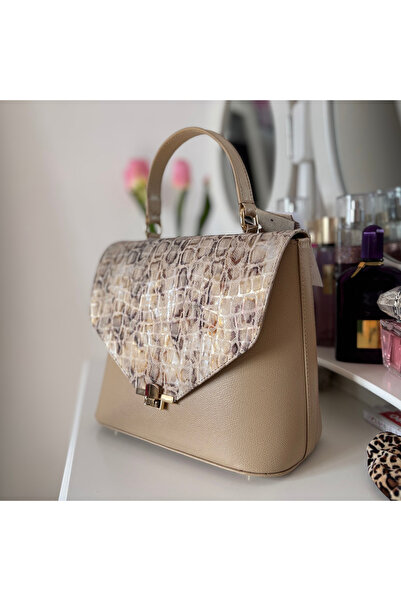 OEM Women's Office Bag, Beige Natural Leather, Snake Decoration on the Flap, Handmade