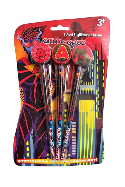 Polin Decorative 3 Pcs Pencils with Eraser Set for Kids, Fashion, Gemini and Anthropod Designs
