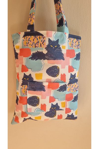 homecandleglow Cat Pattern Cloth Bag, Eco-Friendly Bag, Arm and Shoulder Bag with Pocket Detail, Shopping, Beach
