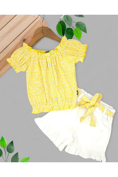 Ege Bebek Baby Girl Summer Interlock Corded Fabric Floral Printed Muslin Top and Bottom Baby Set with Shorts