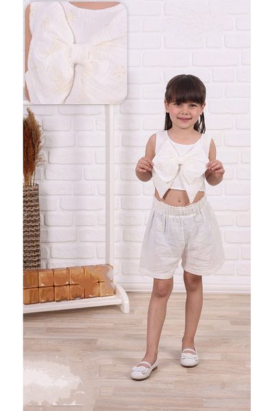 Serkon Deroshkids Girls' Embroidered Bow Detailed Crop Scalloped Shorts Set of Two