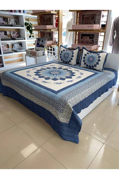 Sudemhome King Size Double Dowry Bedspread and Pillowcase Set Gloria Blue 250*260 cm