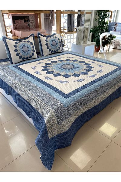 Sudemhome King Size Double Dowry Bedspread and Pillowcase Set Gloria Blue 250*260 cm