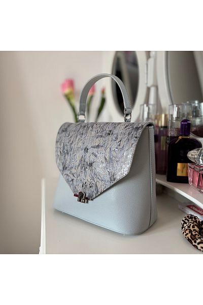 OEM Geanta Dama, Office, Piele Naturala, Albastru, Decor sarpe la Clapeta, Lucrata Manual