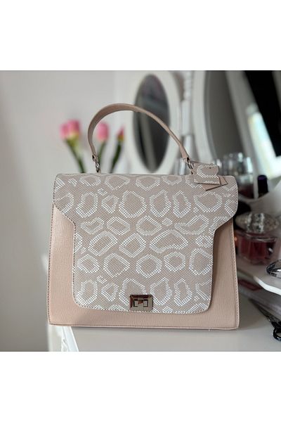 OEM Geanta Dama, Piele Naturala , Bej, Inchidere cu clapeta, Bej decor