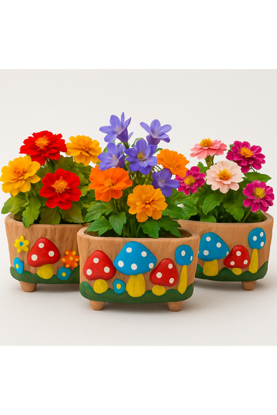 TAŞDEVRİLIFE MANTAR FİGÜRLÜ SAKSI 3 LÜ SET (çiçekler dahil değildir)