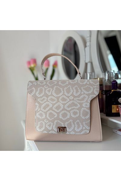 OEM Geanta Dama, Piele Naturala , Bej, Inchidere cu clapeta, Bej decor