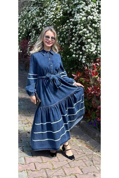 Cardella Premium Quality Lace Detailed Denim Dress Hijab Compatible Denim Dress
