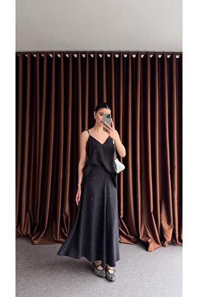 HAZELANNA طقم تنورة وبلوزة سوداء على شكل عين الطير