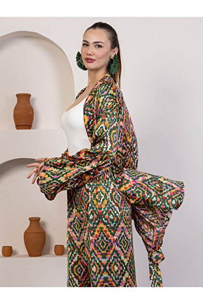 MODA Bohemian Double Suit Ethnic Patterned Colorful Bohemian Casual Beach Summer Kimono Pants