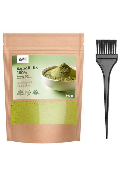clenz Natural Pure Henna For Hair and Skin With Brush - 0.5 kg