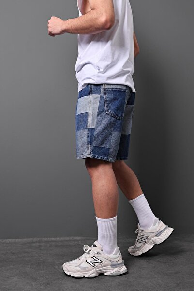 Slatra Erkek Mavi Damalı Diz Üstü Denim Şort