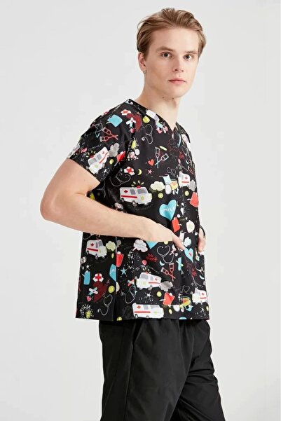 Moodamedikal Siyah Ambulans Desenli Likralı Tek Üst Dr Greys Kesim Forma