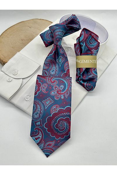 Gutiero Classic Tie with Red Blue Paisley Patterned Handkerchief