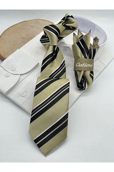 Gutiero Khaki Striped Patterned Classic Tie with Handkerchief