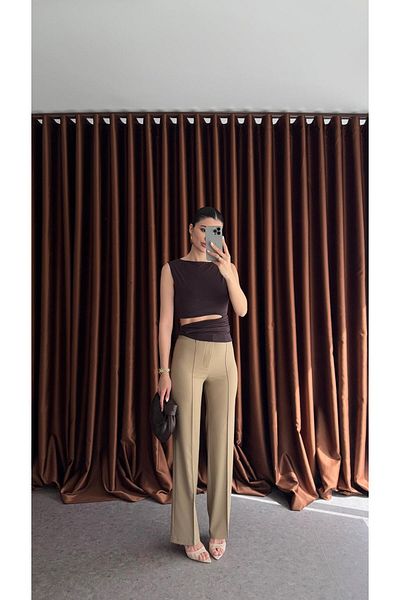 HAZELANNA Striped Sand Beige Trousers