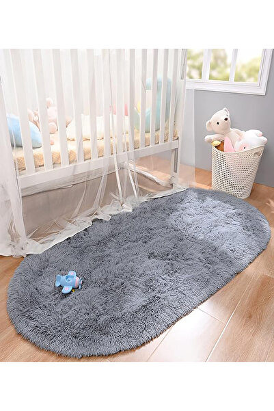 Badelya Home Gri Oval Peluş Post Halı Yolluk Yumuşak Tüylü Puffy Kaymaz Taban...