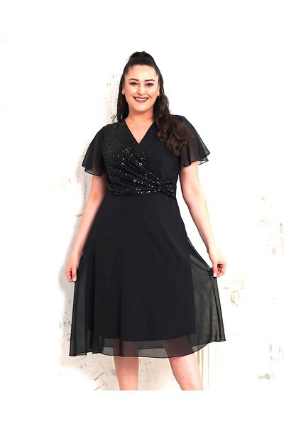 Şirin Butik Women's Black Plus Size Double Breasted Collar Short Sleeve Sequin Detailed Chiffon Midi Length Evening Dress