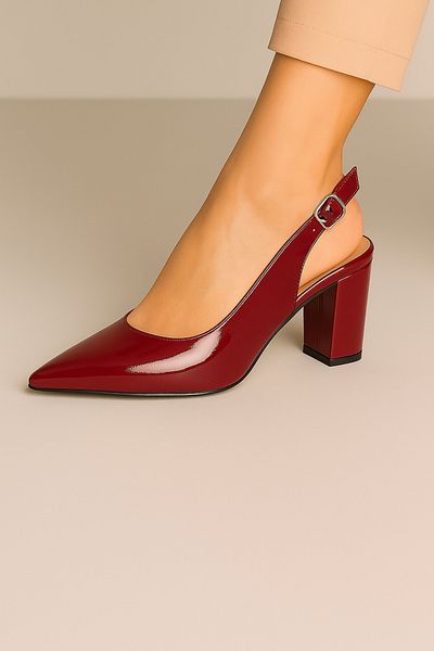 Venardi Burgundy Patent Leather Thick Heel Slingback Stiletto