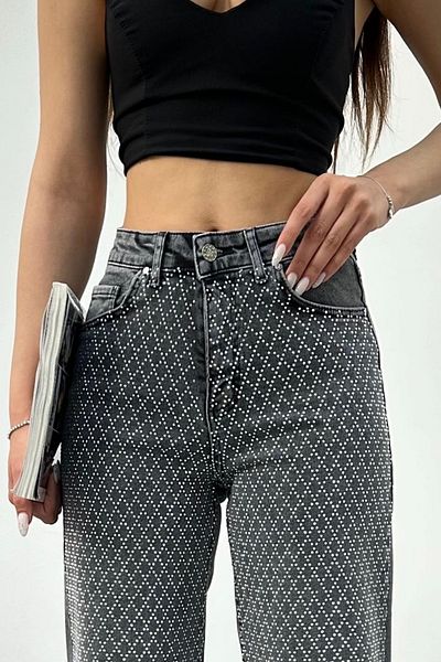 BİKELİFE Γυναικείο καπνιστό ψηλόμεσο Mini Diamond Stone Lycra Straight Jean