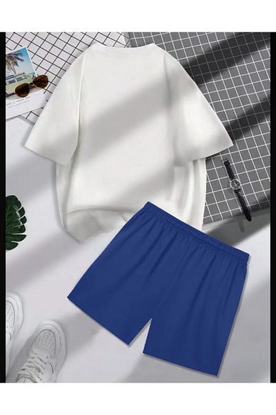 SELENA BUTİK Unisex Life White T-Shirt Blue Shorts Bottom Top Set