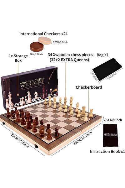 GENELEC Nekomi 2 in 1 Magnetic Chess Set, 38cm Magnetic Wooden Chess Game with 2 Extra Queens