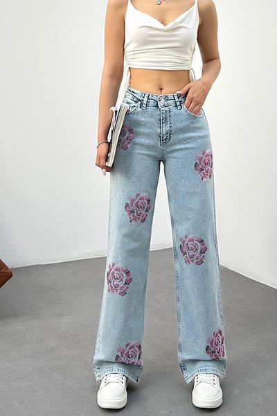 BİKELİFE Damen-Jeans mit Blumendetail und hoher Taille, gerade, aus Lycra mit Steinen