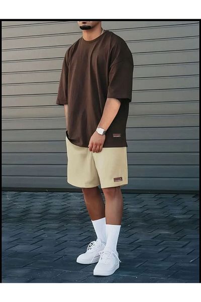 SELENA BUTİK Unisex Think Brown Tshirt Μπεζ σορτς κάτω επάνω σετ
