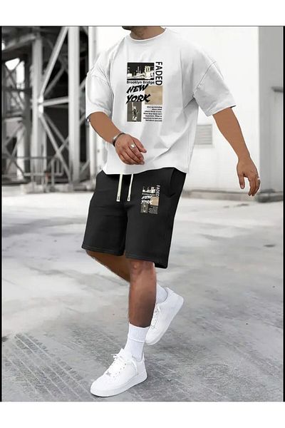 SELENA BUTİK Unisex Faded White T-Shirt Black Shorts Bottom Top Set