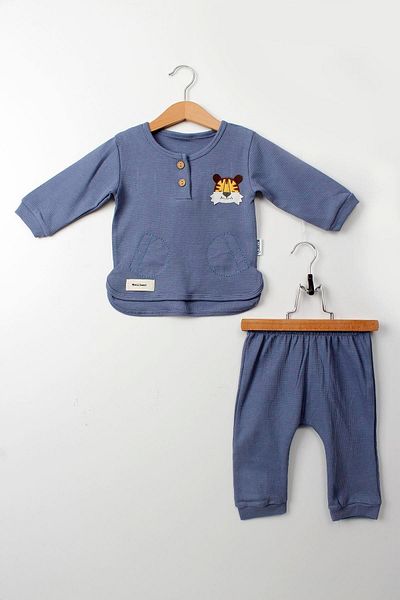 Çocuksan Baby&Kids Wear Baby Boy Set Navy Blue Color 2-Piece Long Sleeve Cotton Tiger Pattern Top and Bottom Set