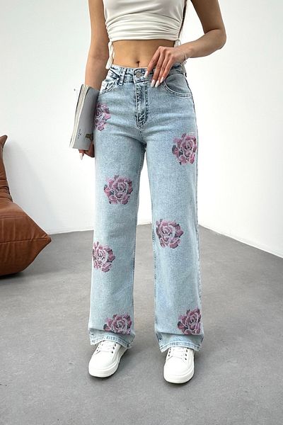 BİKELİFE Damen-Jeans mit Blumendetail und hoher Taille, gerade, aus Lycra mit Steinen