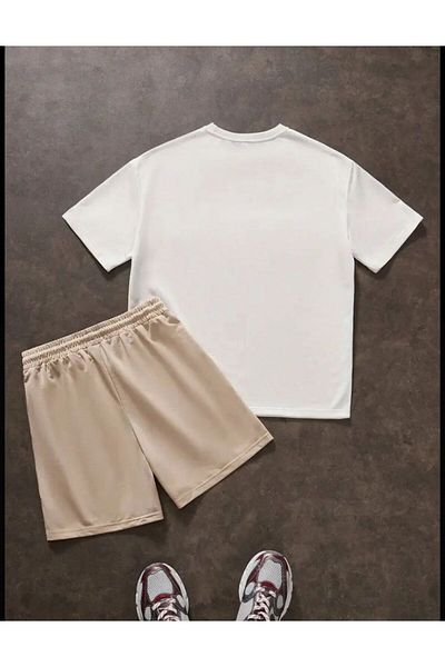 SELENA BUTİK Unisex Palm LosAngeles Λευκό Tshirt Μπεζ σορτς κάτω επάνω σετ