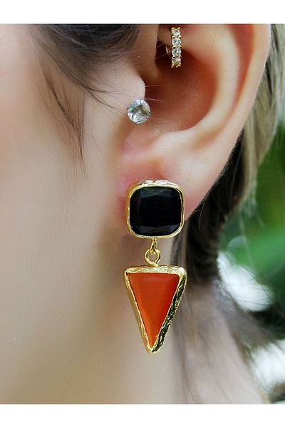 esha Square Triangle Model Cat's Eye Glass Gold Plated Women's Earrings Euku24Sk