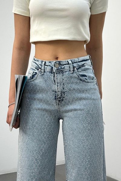 BİKELİFE Women's Light Blue High Waist Mini Diamond Stone Lycra Straight Jeans