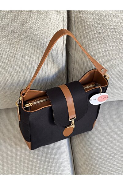 BAGLOVİS Front Hook and Ring Detail Medium Size Linen Black Women's Shoulder Bag En25 Boy25