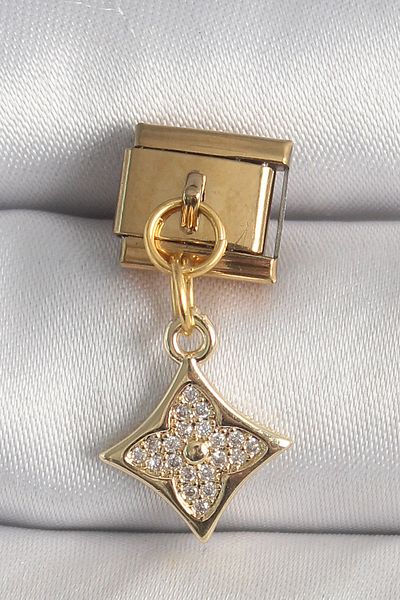 MİRALİVE 316L Steel Gold Color Dangle Zircon Stone Flower Embroidered Nomination Charm
