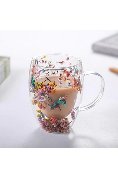 ŞAHİN TİCARET Double Layer Dried Floral Borosilicate Glass Cup