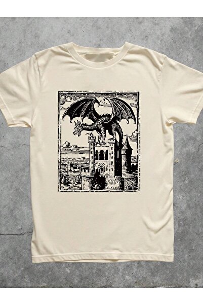 EVIus Tricou oversize cu desen de dragon imprimat cu gât turnat