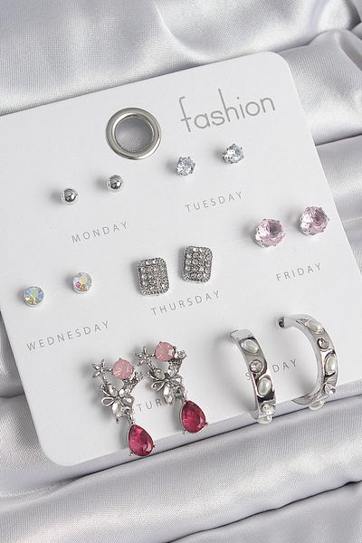 E BULURUM Brass Silver Color Zircon Stone Flower Figure Pearl Hoop Detail 7 Pairs Women's Earring Set