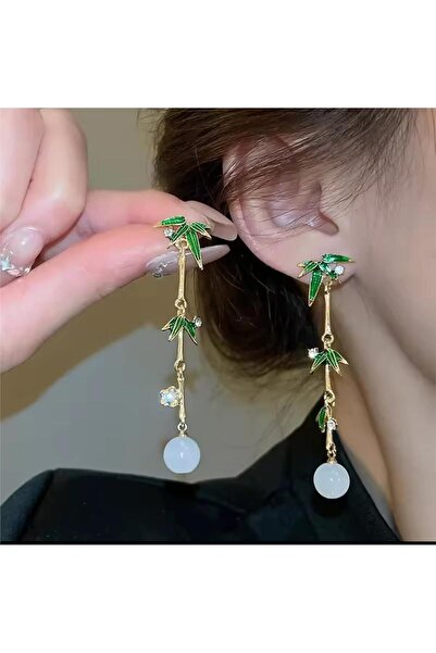 Pelin Aksesuar Uzun Bambu Yapraklı Küpe