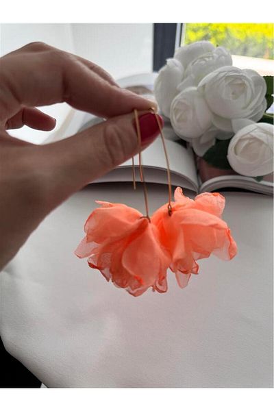 Pelin Aksesuar Orange Organza Fabric Long Flower Earrings