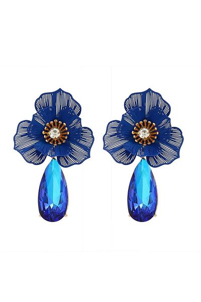 Pelin Aksesuar Navy Blue Drop Stone Big Flower Earrings